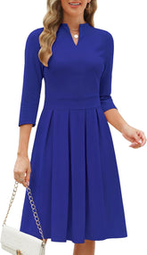 Women 2024 Fall Midi Dress Vneck 3/4 Sleeve Business Casual Work Teacher Church Knit Pleated a Line Dresses