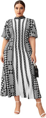 Women'S plus Size Houndstooth Dress Chevron Print Mock Neck Butterfly Sleeve Long Dress