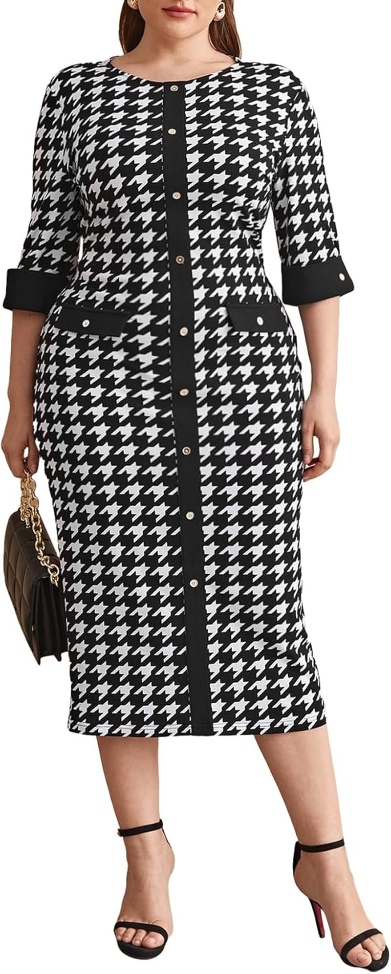 Women'S plus Size Houndstooth Split Hem Button Front round Neck Bodycon Dress Black and White 3XL