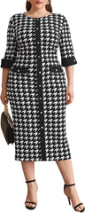 Women'S plus Size Houndstooth Split Hem Button Front round Neck Bodycon Dress Black and White 3XL