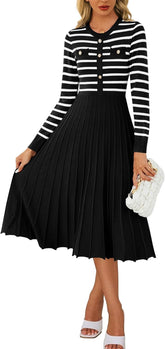 Women'S Casual Long Sleeve Striped Midi Dress Crewneck Button Swing Pleated Knit a Line Dresses