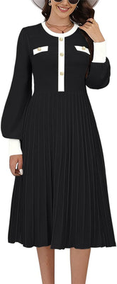 Women'S Casual Long Sleeve Midi Dress 2024 Striped Fall Sweater Dress Work Button Pleated a Line Ribbed Knit Dresses