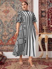Women'S plus Size Houndstooth Dress Chevron Print Mock Neck Butterfly Sleeve Long Dress