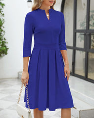 Women 2024 Fall Midi Dress Vneck 3/4 Sleeve Business Casual Work Teacher Church Knit Pleated a Line Dresses