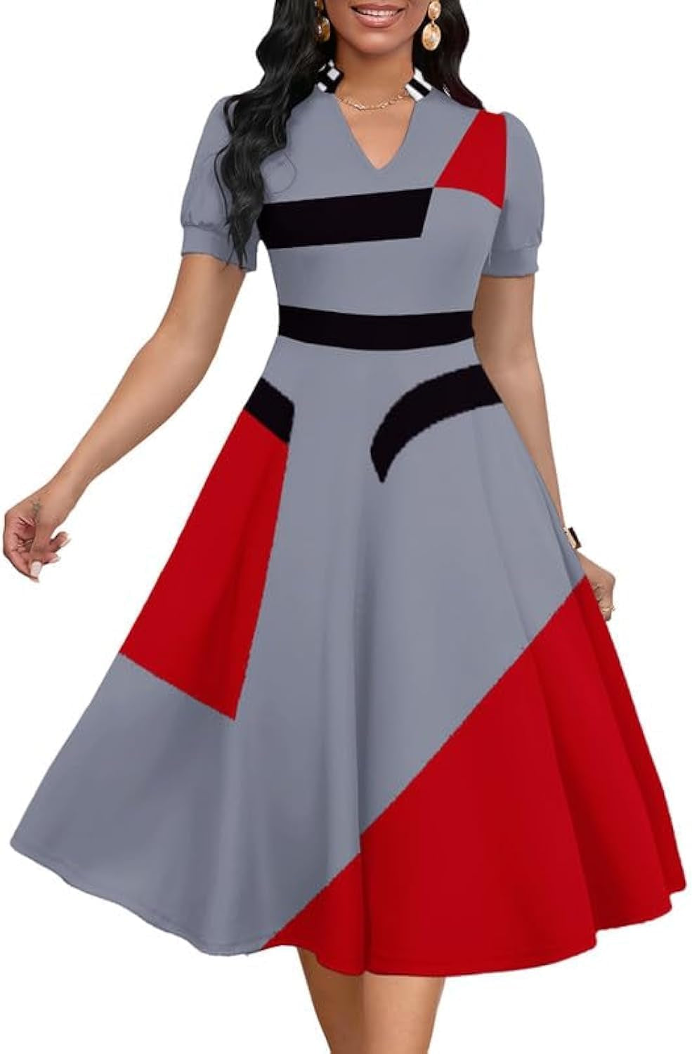 Womens Short Puff Sleeve V Neck Casual Semi-Formal Cocktail Party A-Line Dress