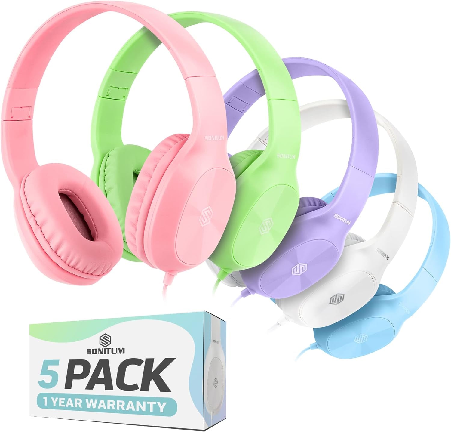 Kids Headphones for School Bulk Set 5-Pack On-Ear, 3.5Mm, Wired Headphones for Schools & Libraries – Adjustable, Cushioned Headphones (Mixed Colors)