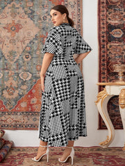 Women'S plus Size Houndstooth Dress Chevron Print Mock Neck Butterfly Sleeve Long Dress