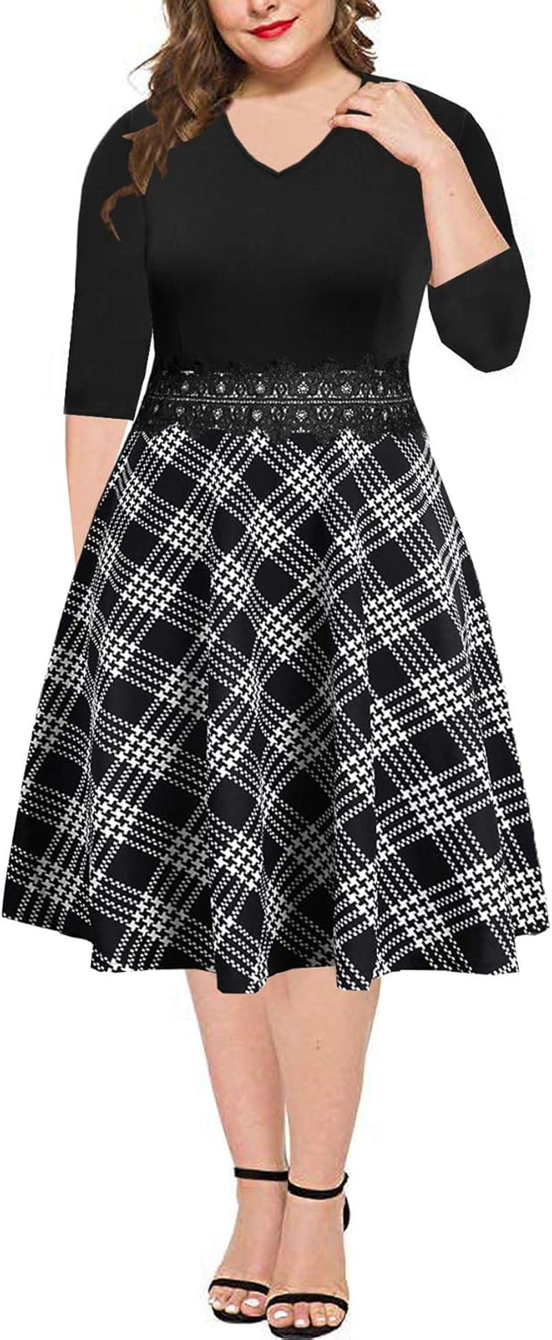 Women'S Elegant Lace Embroidery plus Size Flared A-Line Swing Casual Party Cocktail Dresses with Pockets