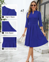 Women 2024 Fall Midi Dress Vneck 3/4 Sleeve Business Casual Work Teacher Church Knit Pleated a Line Dresses