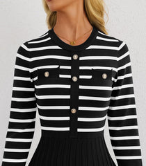 Women'S Casual Long Sleeve Striped Midi Dress Crewneck Button Swing Pleated Knit a Line Dresses