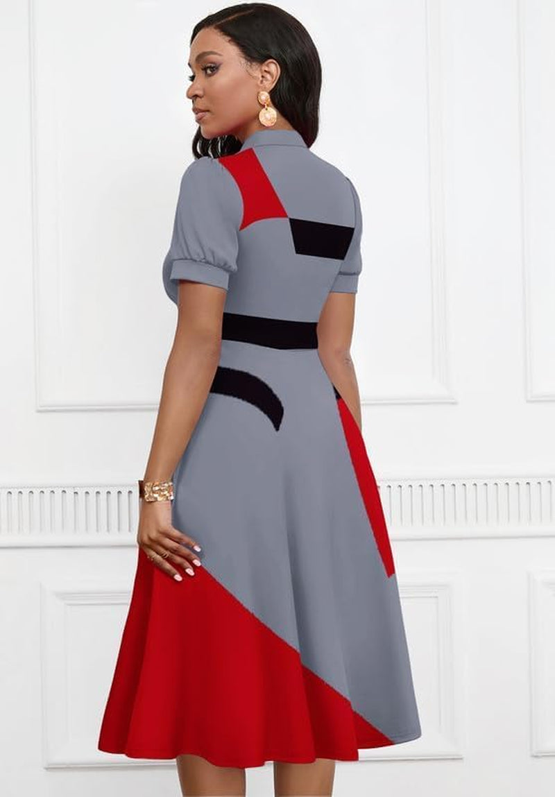 Womens Short Puff Sleeve V Neck Casual Semi-Formal Cocktail Party A-Line Dress