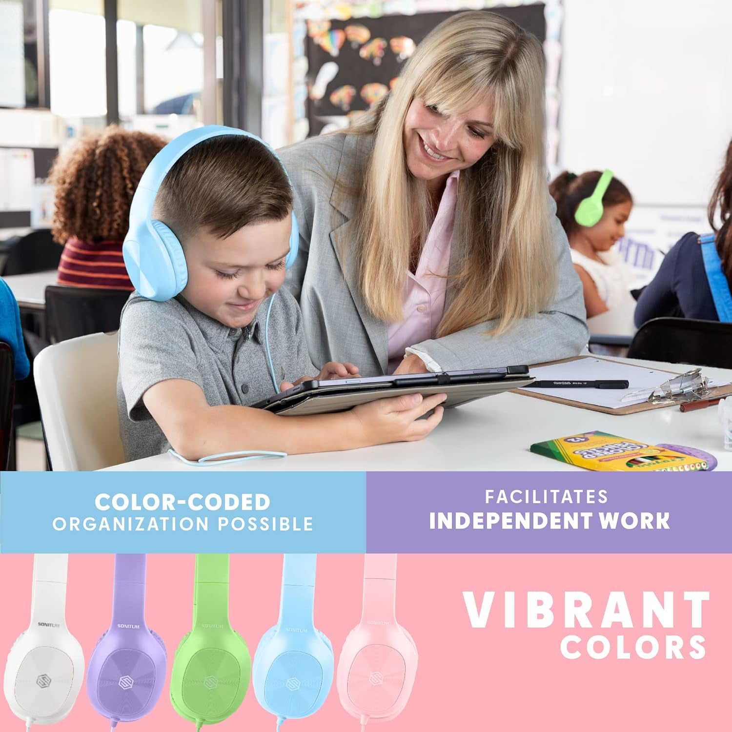 Kids Headphones for School Bulk Set 5-Pack On-Ear, 3.5Mm, Wired Headphones for Schools & Libraries – Adjustable, Cushioned Headphones (Mixed Colors)