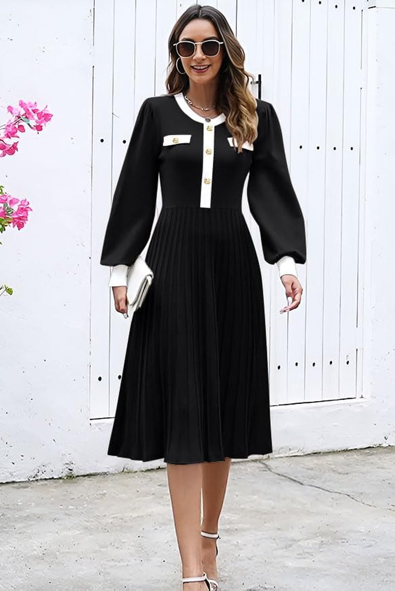 Women'S Casual Long Sleeve Midi Dress 2024 Striped Fall Sweater Dress Work Button Pleated a Line Ribbed Knit Dresses