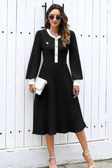 Women'S Casual Long Sleeve Midi Dress 2024 Striped Fall Sweater Dress Work Button Pleated a Line Ribbed Knit Dresses