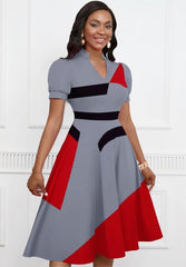 Womens Short Puff Sleeve V Neck Casual Semi-Formal Cocktail Party A-Line Dress