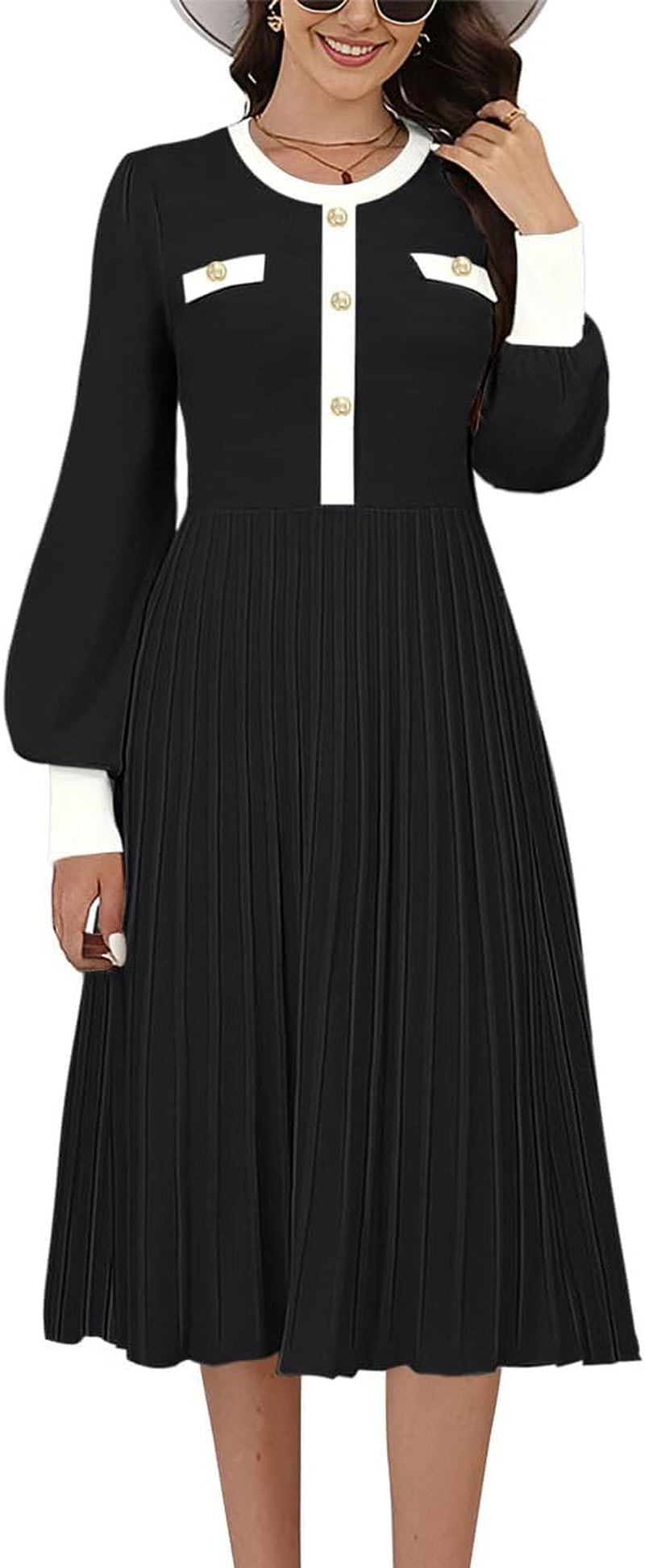 Women'S Casual Long Sleeve Midi Dress 2024 Striped Fall Sweater Dress Work Button Pleated a Line Ribbed Knit Dresses