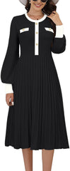 Women'S Casual Long Sleeve Midi Dress 2024 Striped Fall Sweater Dress Work Button Pleated a Line Ribbed Knit Dresses
