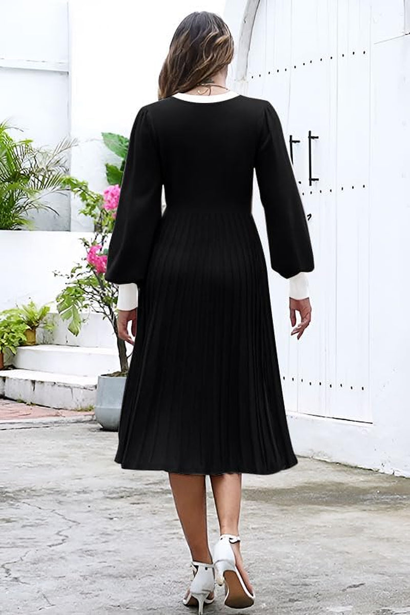 Women'S Casual Long Sleeve Midi Dress 2024 Striped Fall Sweater Dress Work Button Pleated a Line Ribbed Knit Dresses