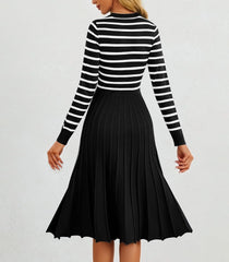 Women'S Casual Long Sleeve Striped Midi Dress Crewneck Button Swing Pleated Knit a Line Dresses