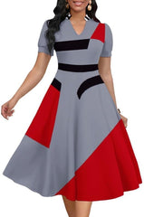 Womens Short Puff Sleeve V Neck Casual Semi-Formal Cocktail Party A-Line Dress