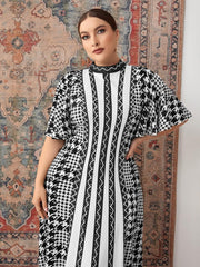 Women'S plus Size Houndstooth Dress Chevron Print Mock Neck Butterfly Sleeve Long Dress