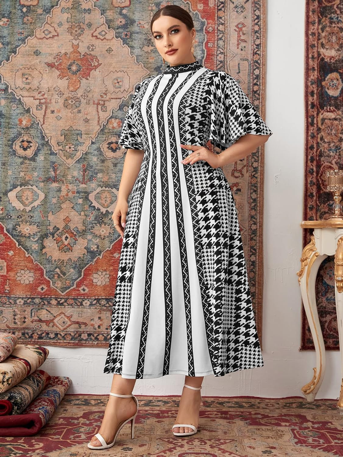 Women'S plus Size Houndstooth Dress Chevron Print Mock Neck Butterfly Sleeve Long Dress