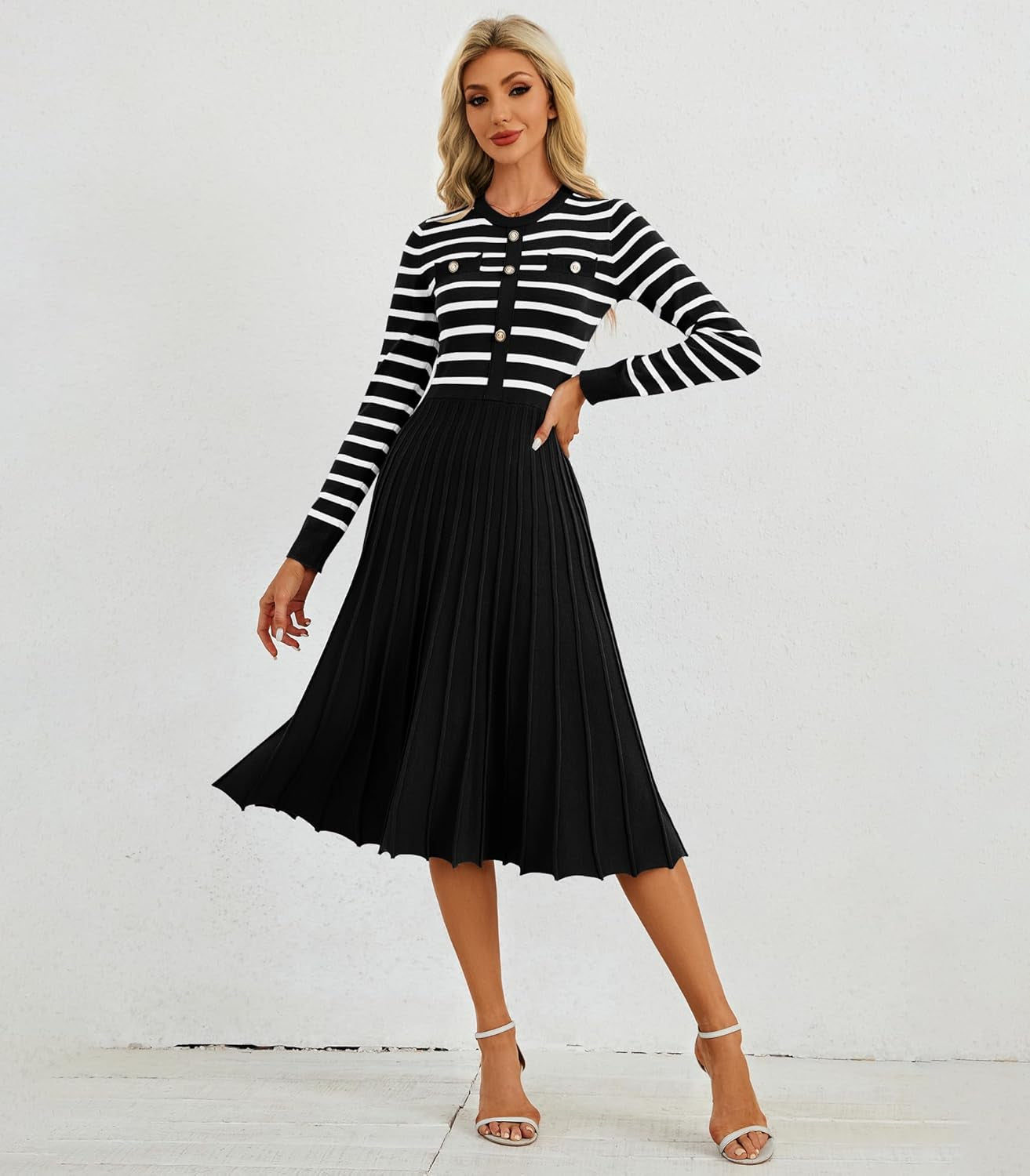 Women'S Casual Long Sleeve Striped Midi Dress Crewneck Button Swing Pleated Knit a Line Dresses