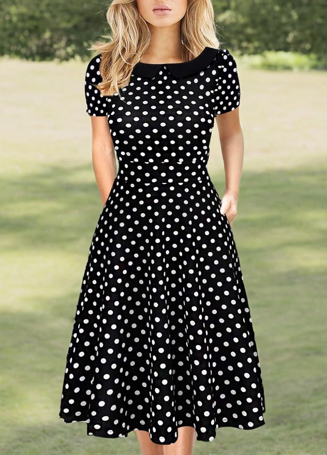 Women'S Elegant Vintage Cotton Casual Floral Print Work Party Peter Pan Collar A-Line Dress with Pockets 978