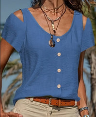 Chic Button Front Cold Shoulder Blouse - Stylish Crew Neck, Short Sleeves For Spring & Summer - Fashionable Womens Clothing, Perfect Casual Wear For Warm Days