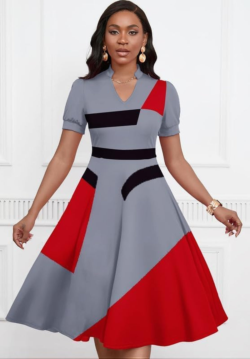 Womens Short Puff Sleeve V Neck Casual Semi-Formal Cocktail Party A-Line Dress