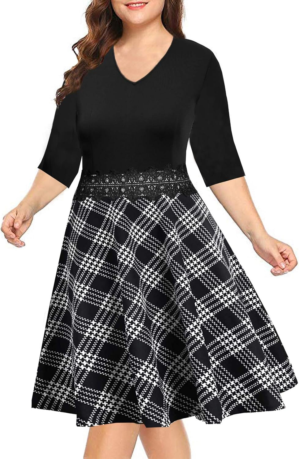 Women'S Elegant Lace Embroidery plus Size Flared A-Line Swing Casual Party Cocktail Dresses with Pockets