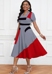 Womens Short Puff Sleeve V Neck Casual Semi-Formal Cocktail Party A-Line Dress