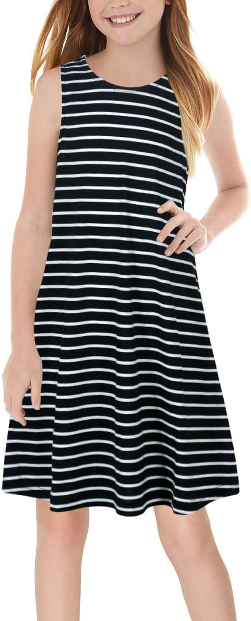 Girl'S Summer Casual Loose Tank Swing Midi Cute Shift Dress with Pockets for 4-14T Kids